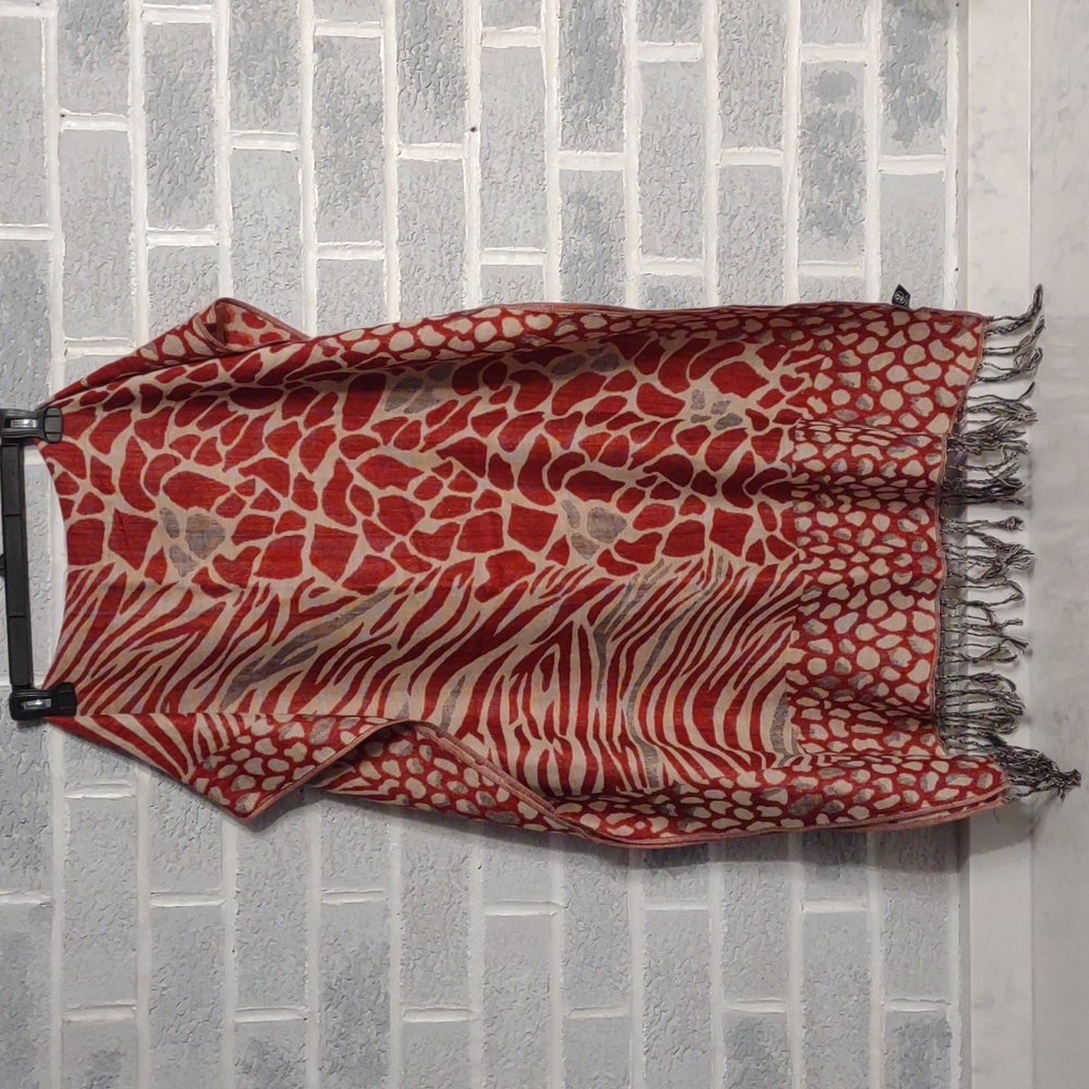 2 Chic Women's 100% Cotton Red Animal Print Scarf with Fringe